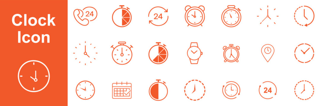 Minimal Clock and Time Line Icons Set Collection &ndash; Stopwatch, Timer, Alarm, Calendar and Watch Vector Symbols