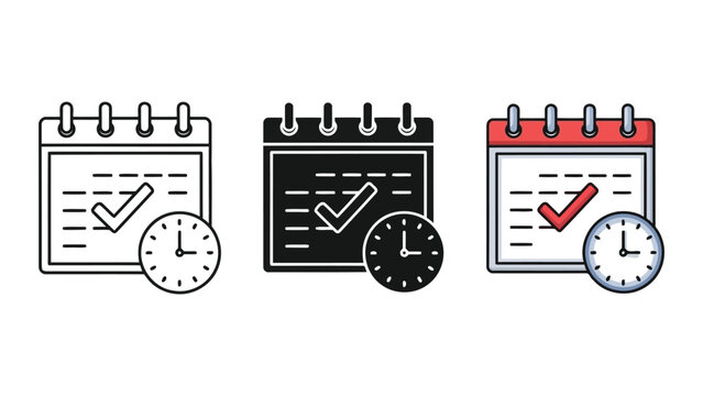 Calendar and Clock Icons with Checkmark: Planning, Scheduling, and Time Management Vector Illustration