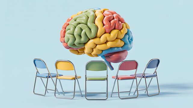 Human brain with colorful sections and chairs representing psychology discussion and mental health concept