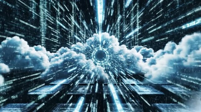 A digital data center floats in the clouds, with binary code cascading down, representing information technology and cloud computing concepts