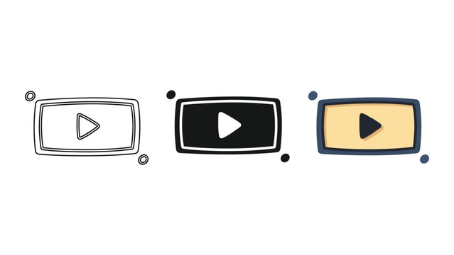 Play Button Icon Set: Outline, Solid Black, and 3D Yellow Styles for Video and Media Vector Illustration