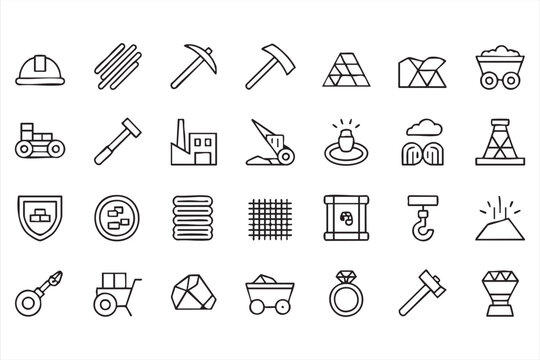 Gold mining pictogram collection featuring helmets, carts, diamonds, conveyors, tools, and precious metal symbols