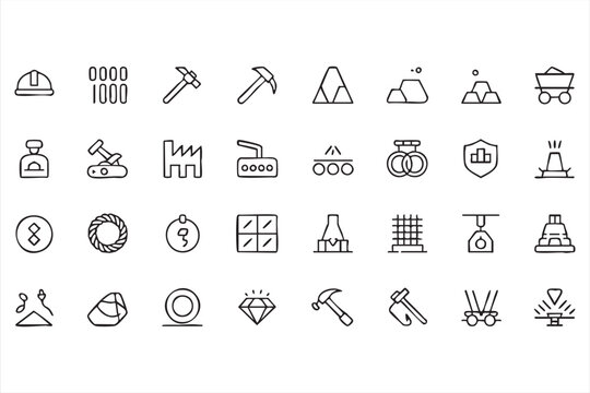 Black outline mining icons with pickaxe, hammer, ore cart, refinery, gold ingots, and gemstone design elements