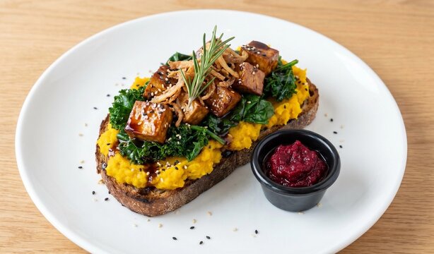 Gourmet Open Sandwich with Smashed Pumpkin and Caramelized Tofu
