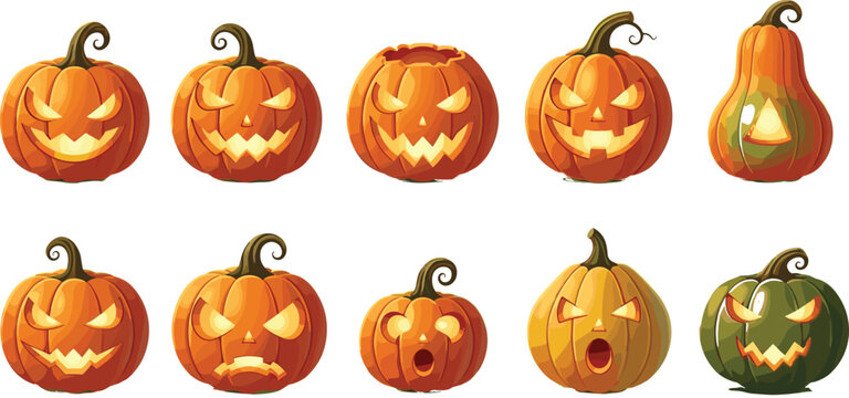 Collection of halloween jack o lantern pumpkins vector illustration featuring glowing carved faces and spooky expressions in cartoon flat design style
