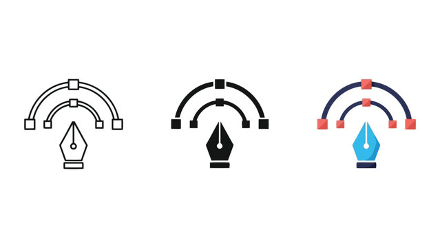 Vector Pen Tool and Curved Paths with Anchor Points, Flat Design Icons Set