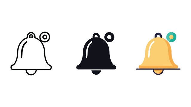 Notification bell vector icon set in line solid and flat styles