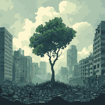 A lone tree stands resilient in an urban wasteland, symbolizing hope and nature amidst destruction.