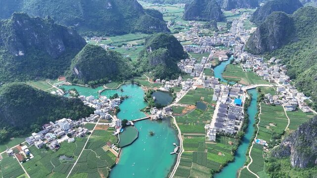 Summer Kayaking on Turquoise Karst River, Many Small Boats, Lush Green Mountains, China