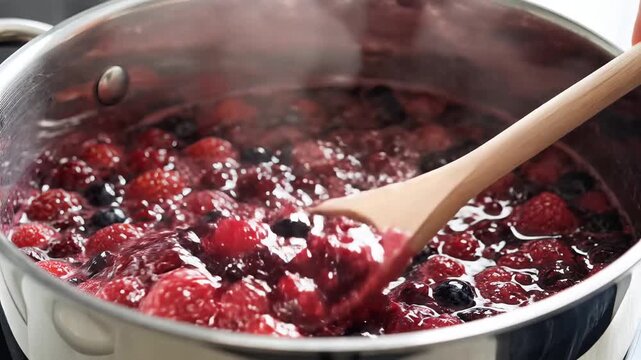Cooking Mixed Berries in a Pot with Sugar and Water.