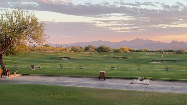 A beautiful Arizona desert golf course at sunset.