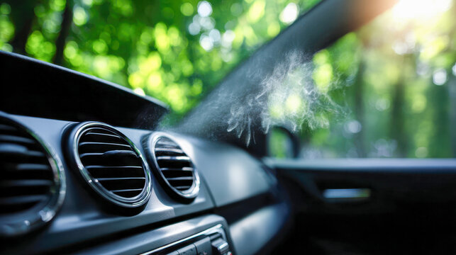 Ventilation system releasing cool mist inside car cabin with blurred green forest visible through window during sunny day