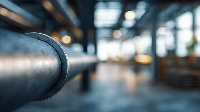 Industrial metal pipe extending through a modern urban interior space with blurred background and ambient lighting creating a sleek atmosphere