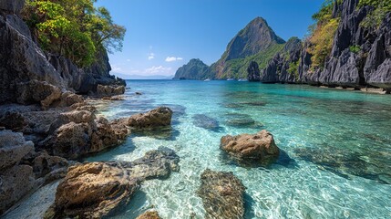 Obraz premium Serene tropical island with crystal clear waters and rocky shoreline