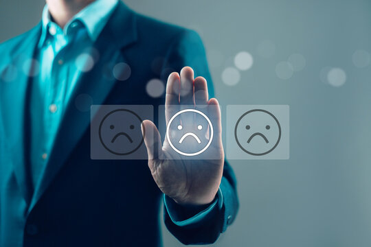 Negative customer feedback and bad review concept with sad face icon on virtual interface, poor user experience, client dissatisfaction, low rating, service complaint and unhappy customer evaluation