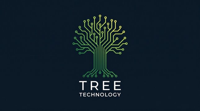 Innovative digital tree technology logo design symbolizing growth, connection, and sustainable future with integrated circuit board elements and green energy concepts