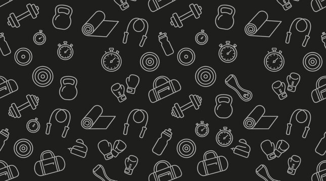 Pattern of gym and fitness equipment icons on a dark background for sports design.