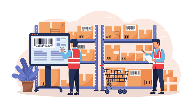 Warehouse staff wearing high-visibility vests scanning barcodes on packages and digital screens to manage inventory and logistics in a storage facility with organized shelves.