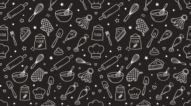 Playful monochrome food doodle pattern on dark background for design projects.