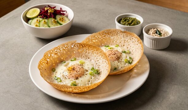Traditional Sri Lankan Egg Hoppers with Coconut Chutney and Salad