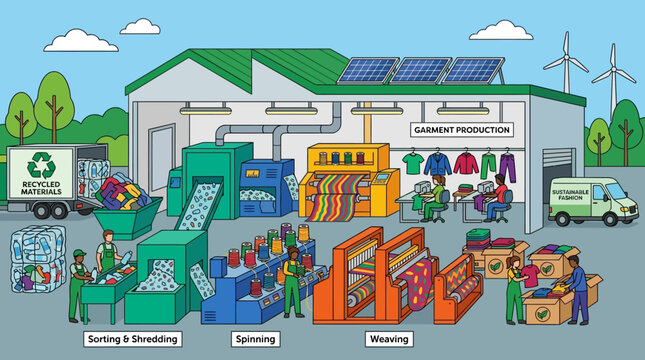 A sustainable clothing factory processes recycled plastic materials into new garments using automated industrial machinery for eco friendly apparel production