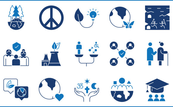 A set of icons related to social responsibility. Environment, peace, community, responsibility, diversity, accessibility, and so on.