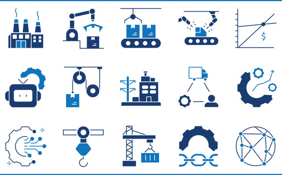 A set of icons related to Industry. Industrial, goods, manufacture, modern, robotic arms, production, supply chain, economic analysis, and so on.