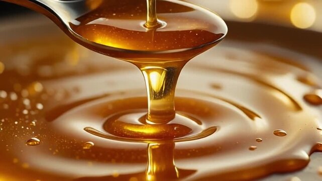 Closeup cinematic video of cinnamon infused honey dripping slowly off a spoon, appetizing commercial composition on a bright background with clean depth of fiel