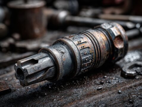 Rusted industrial metal tool part laying on a dirty workbench surface in a blurred mechanical workshop environment with focus on textured details