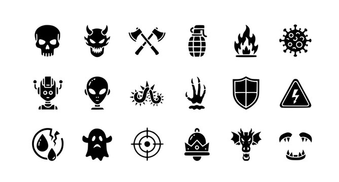 Enemy glyph icons vector collection with solid black danger symbols for games and apps