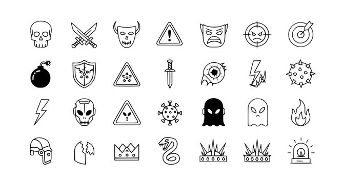 Enemy danger icons vector set in bold flat style with threat symbols and hostile game elements