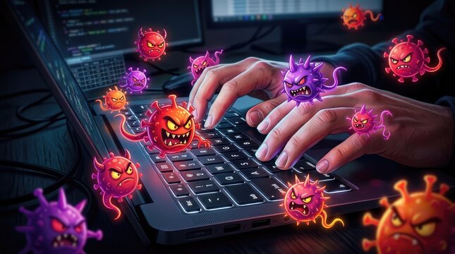 Cartoon virus characters attacking a person typing on a laptop keyboard computer hacking