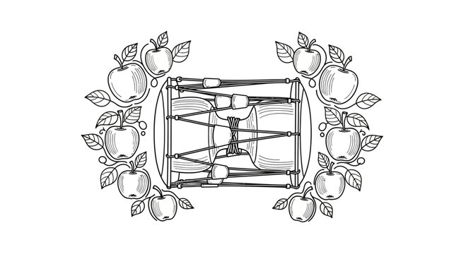 Korean Traditional Drum Janggu surrounded by Apple Garland, Hand-drawn Sketch
