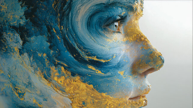 Artistic portrait of a face blending seamlessly with swirling blue and golden paint textures, creating a mesmerizing fusion of human features and abstract art design