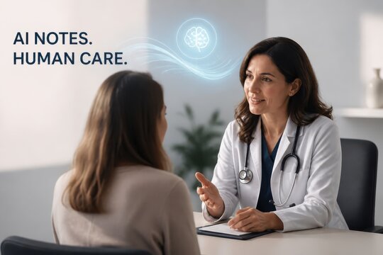Doctor using AI notes during patient consultation in modern clinic with human care and digital health support