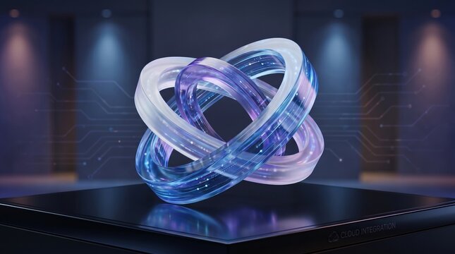 Futuristic Abstract 3D Interlocking Glass Rings with Glowing Energy and Circuit Board for Quantum Computing and AI Technology Concept