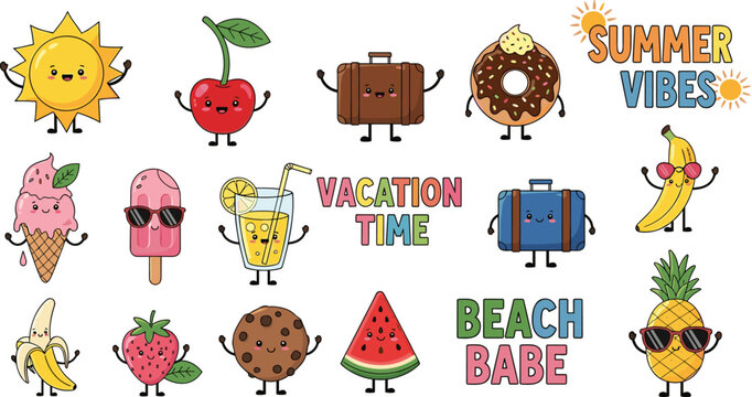 Kawaii summer vacation character set featuring happy sun, travel suitcases, tropical fruits, and beach snacks in a cute flat cartoon mascot style.