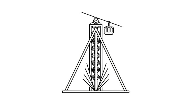 Gondola lift tower with cable car cabin suspended on wire, line art illustration