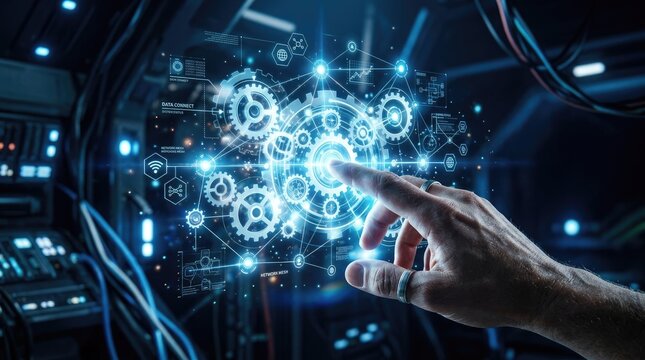 Human hand interacts with glowing futuristic digital interface with gears finger touch