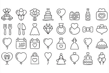 Naklejka premium Wedding love outline icon set for bridal invitations, romantic events, engagement, and celebration design