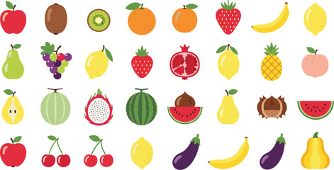 Large set of fresh fruits vector illustration featuring apples, citrus, berries and tropical varieties in colorful cartoon flat design style © Lipi