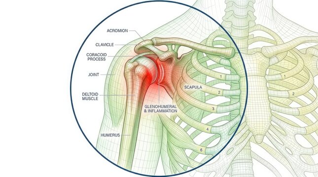 Medical illustration of human shoulder joint with glenohumeral inflammation and labeled anatomy