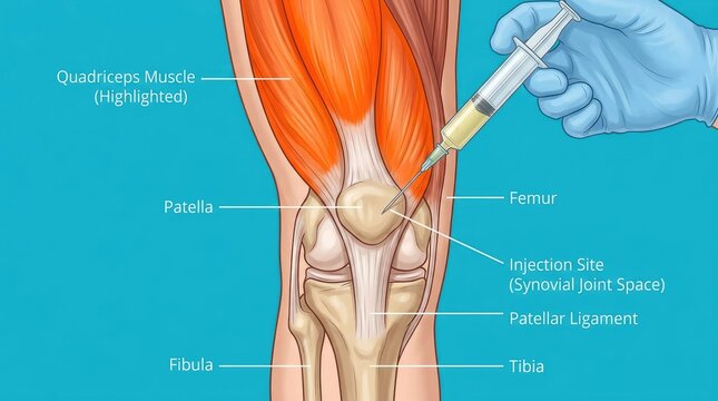 Medical illustration of knee joint injection with labeled quadriceps muscle femur tibia