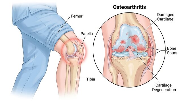 Medical illustration of knee osteoarthritis showing bone spurs and damaged cartilage