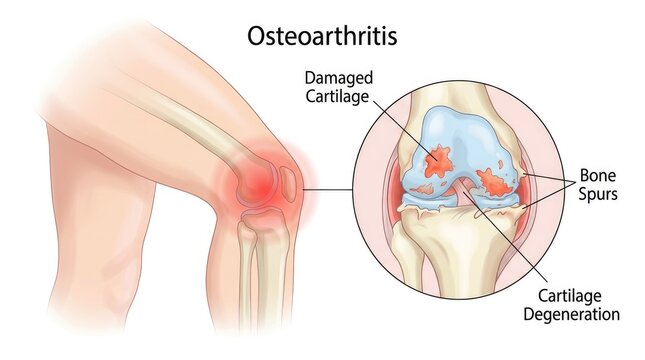 Medical illustration of knee osteoarthritis showing damaged cartilage and bone spurs