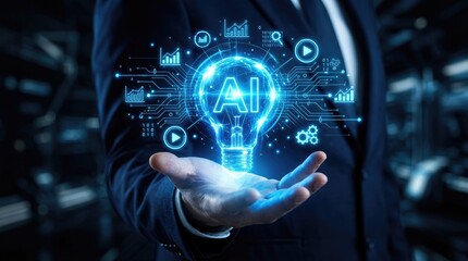 Fototapeta premium Person in dark suit holding glowing A I lightbulb with digital circuit graphics artificial
