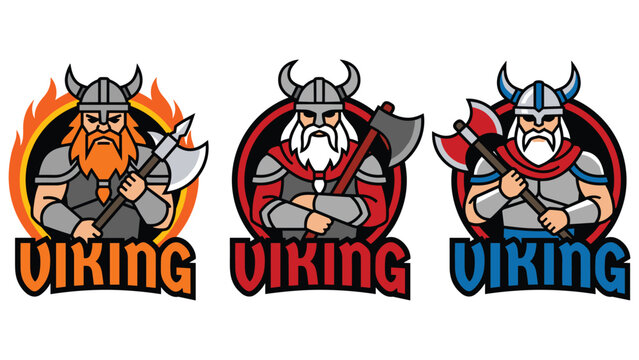 Viking warrior mascot logos set with axes and helmets for competitive sports team design.