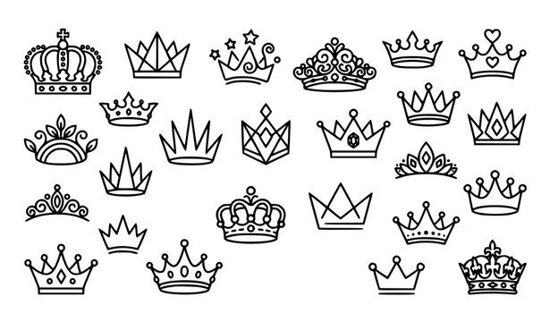 Royal Crown Icon Set Featuring Different Elegant Crown Designs for King, Queen, and Noble Crests