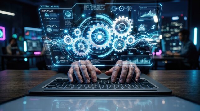 Person typing on laptop with futuristic holographic interface displaying gears and data