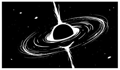 Abstract cosmic black hole vector illustration with swirling accretion disk, energy jets, and deep space background stars © AlviAhmed